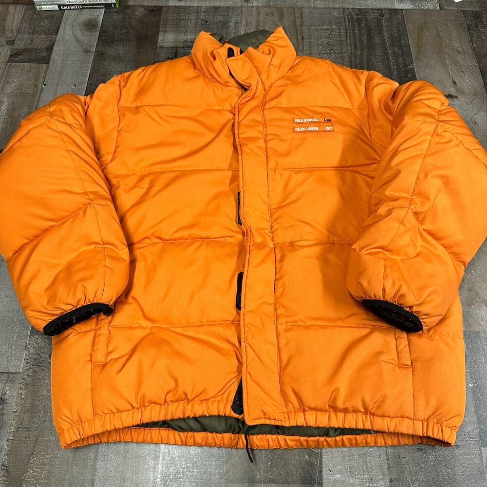 Vtg 90’s Ralph Lauren Polo Jeans Co Puffer Jacket L Goose Down Outerwear‎ Orange